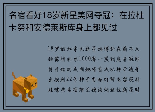 名宿看好18岁新星美网夺冠：在拉杜卡努和安德莱斯库身上都见过